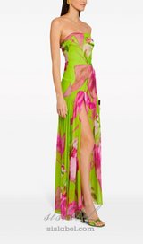 STRAPLESS SILK MAXI DRESS IN LIME ANTHURIUM