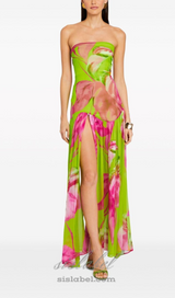 STRAPLESS SILK MAXI DRESS IN LIME ANTHURIUM