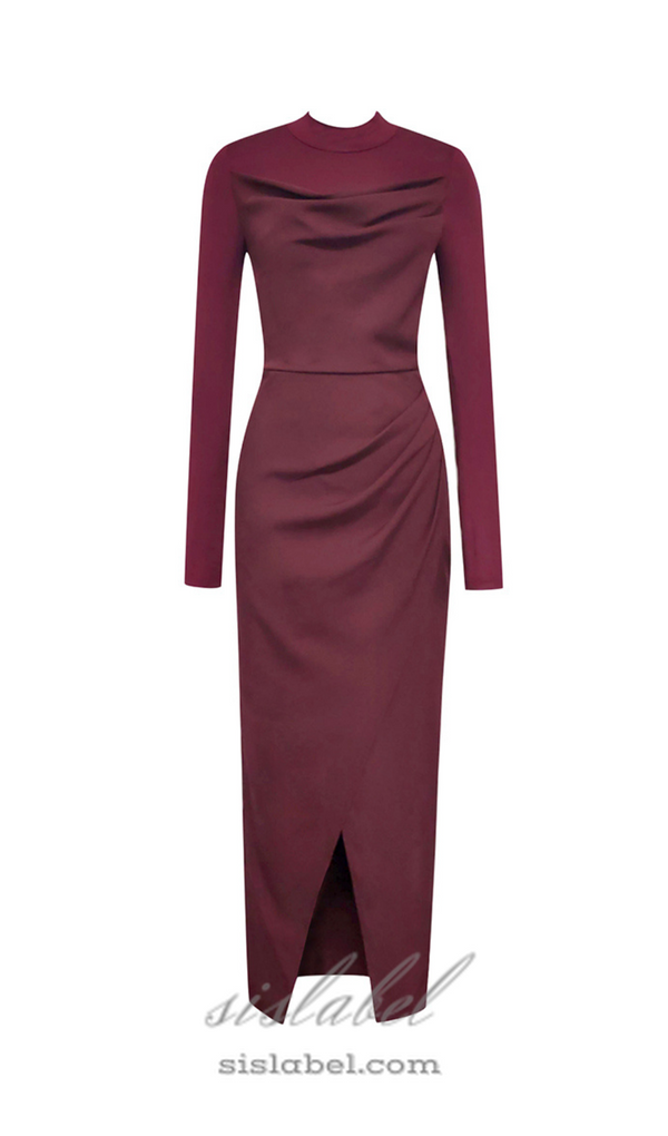 RUCHED SLIT MIDI DRESS IN BURGUNDY