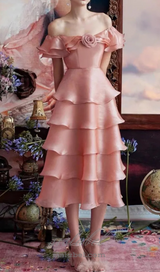 STACK RUFFLES TRIM 3D FLOWER MIDI DRESS IN PINK