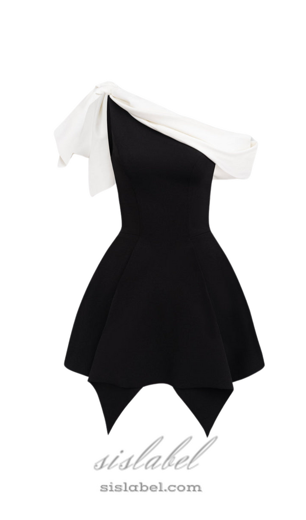 BOW ONE-SHOULDER MINI DRESS IN BLACK