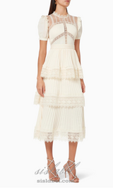 PLEATED LACE MIDI DRESS IN APRICOT