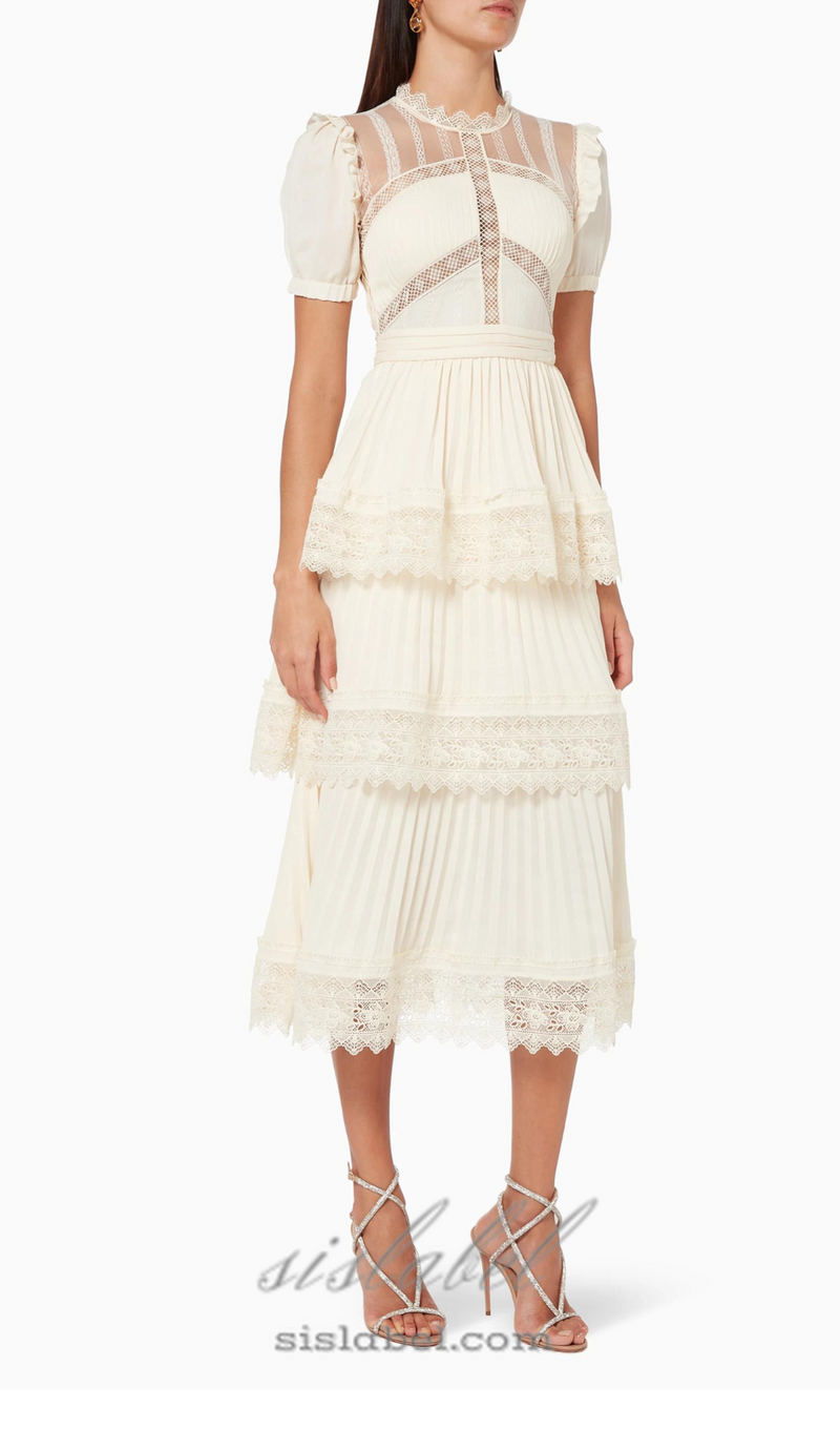 PLEATED LACE MIDI DRESS IN APRICOT