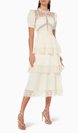 PLEATED LACE MIDI DRESS IN APRICOT