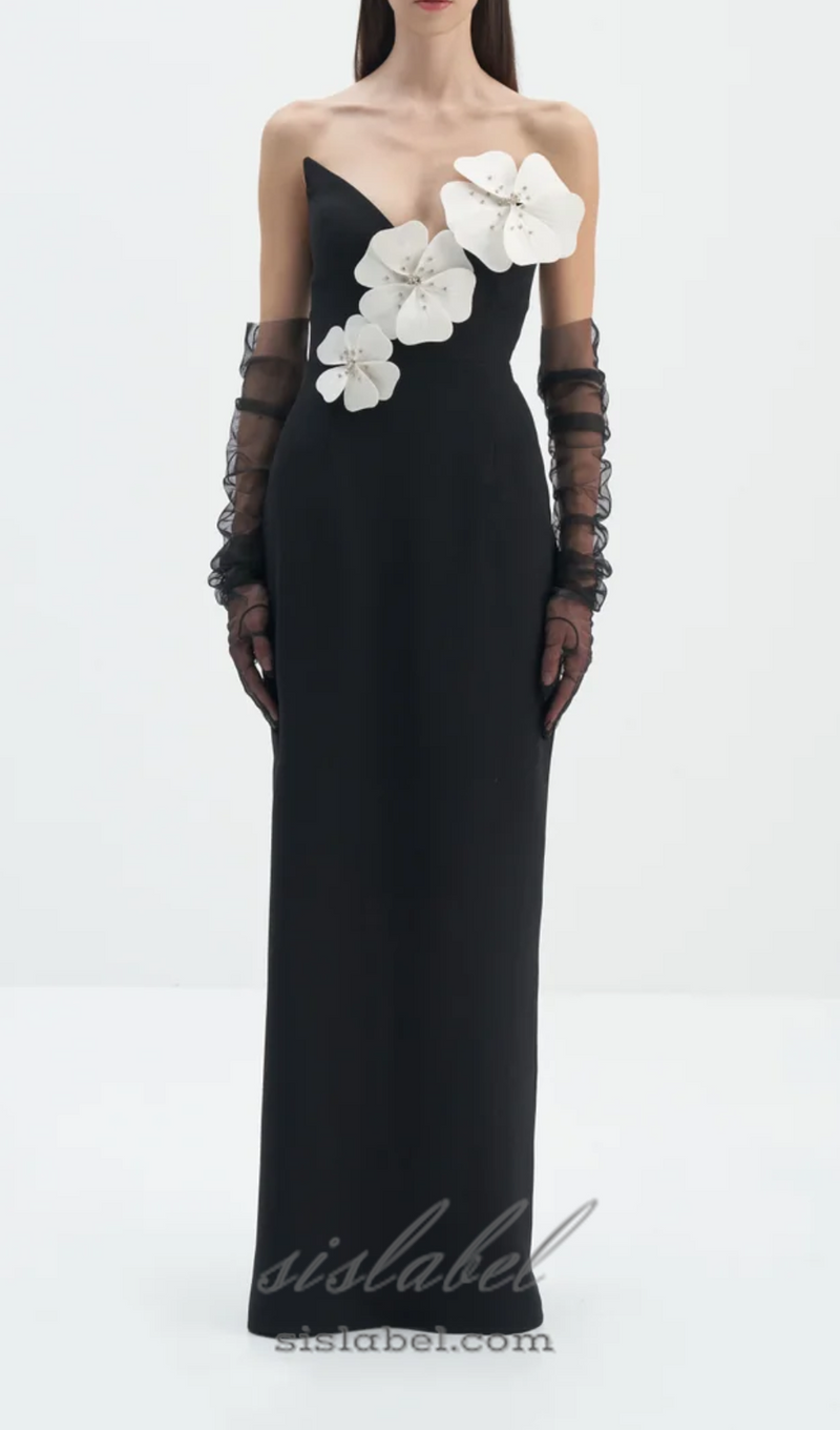 WHITE FLOWER EMBELLISHED MAXI DRESS IN BLACK