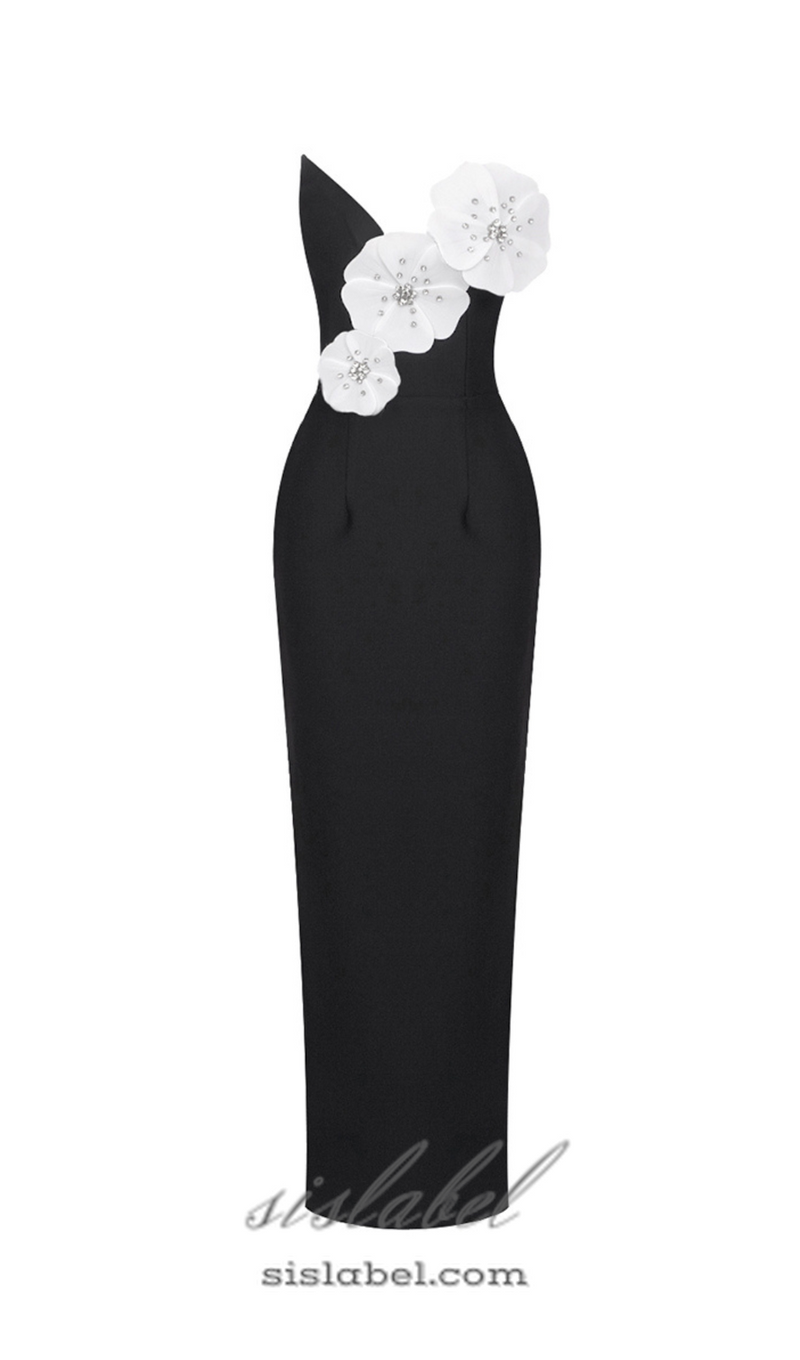 WHITE FLOWER EMBELLISHED MAXI DRESS IN BLACK