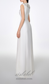 WHITE SLEEVELESS BODYCON MAXI DRESS WITH STONE EMBELLISHMENT