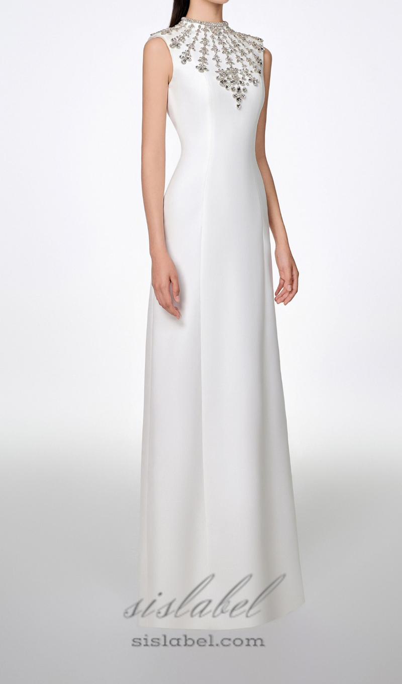 WHITE SLEEVELESS BODYCON MAXI DRESS WITH STONE EMBELLISHMENT