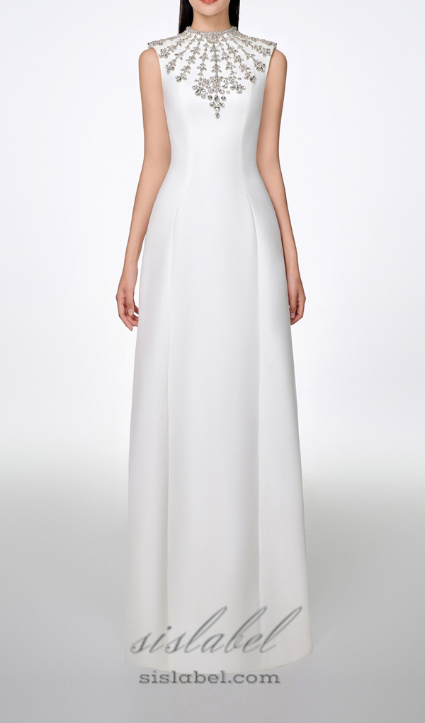 WHITE SLEEVELESS BODYCON MAXI DRESS WITH STONE EMBELLISHMENT