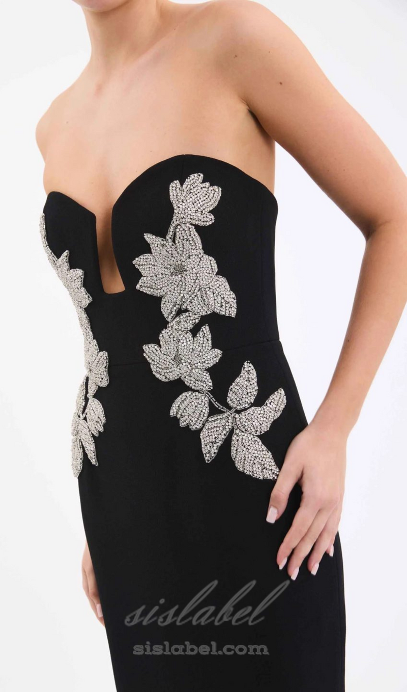 DIAMANTE EMBELLISHED CREPE BLACK GOWN