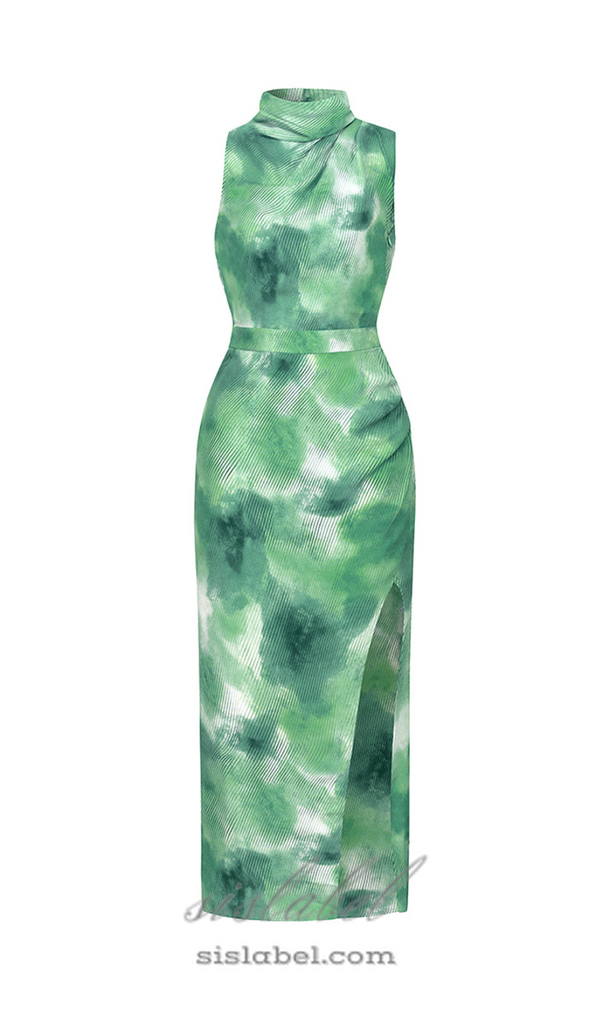 TIE DYE SPLIT THIGH BACKLESS DRESS IN GREEN