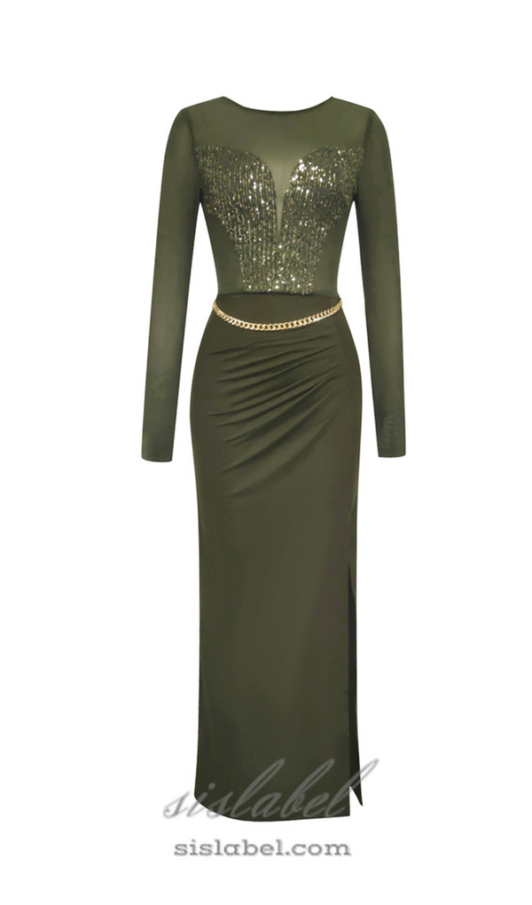 SEQUIN BACKLESS MESH PATCHWORK GREEN MAXI DRESS