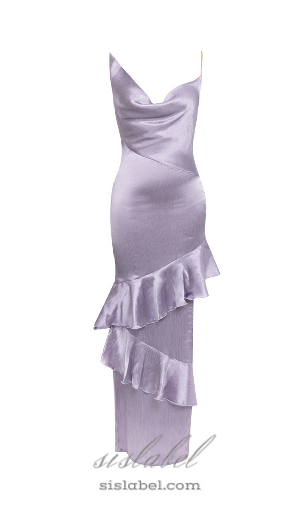 LILAC RUFFLE TRIM ASYMMETRICAL HEM SATIN MIDI DRESS