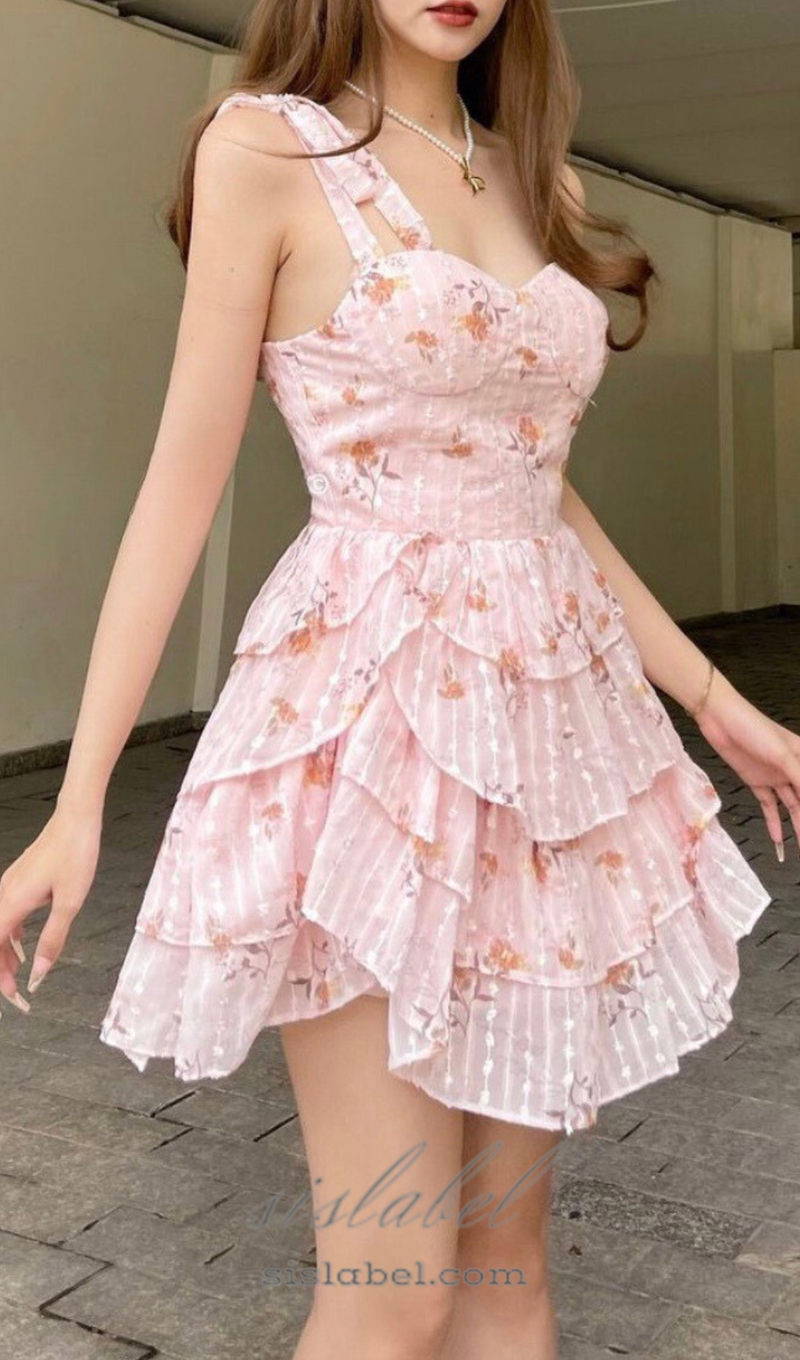 ONE-SHOULDER PRINTED RUFFLE TRIM MINI DRESS IN PINK