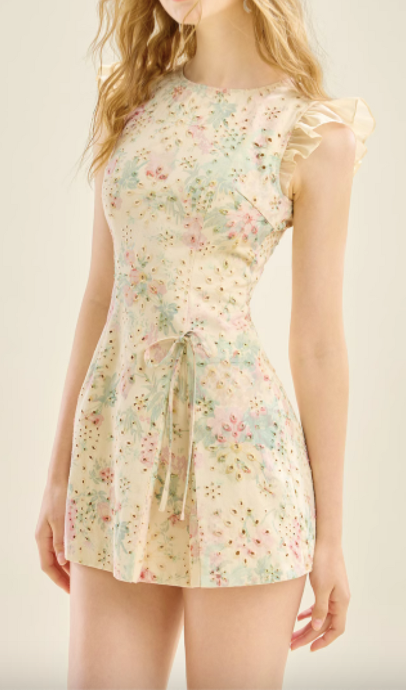 BOW FLORAL PRINTED MINI DRESS IN YELLOW