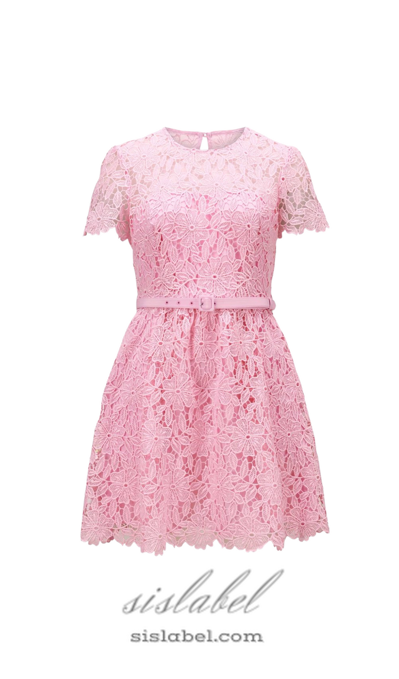 PINK GUIPURE ROUND NECK MINI DRESS