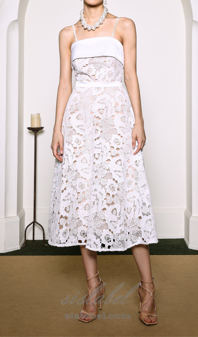 FLORAL EMBROIDERY FLARED MIDI DRESS IN WHITE