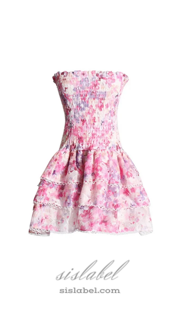 PINK FLORAL RUCHED STRAPLESS MINI DRESS