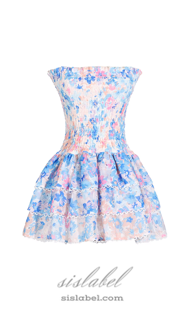 BLUE FLORAL RUCHED STRAPLESS MINI DRESS