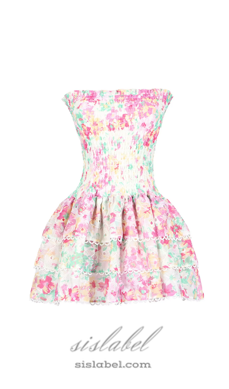 WHITE FLORAL RUCHED STRAPLESS MINI DRESS