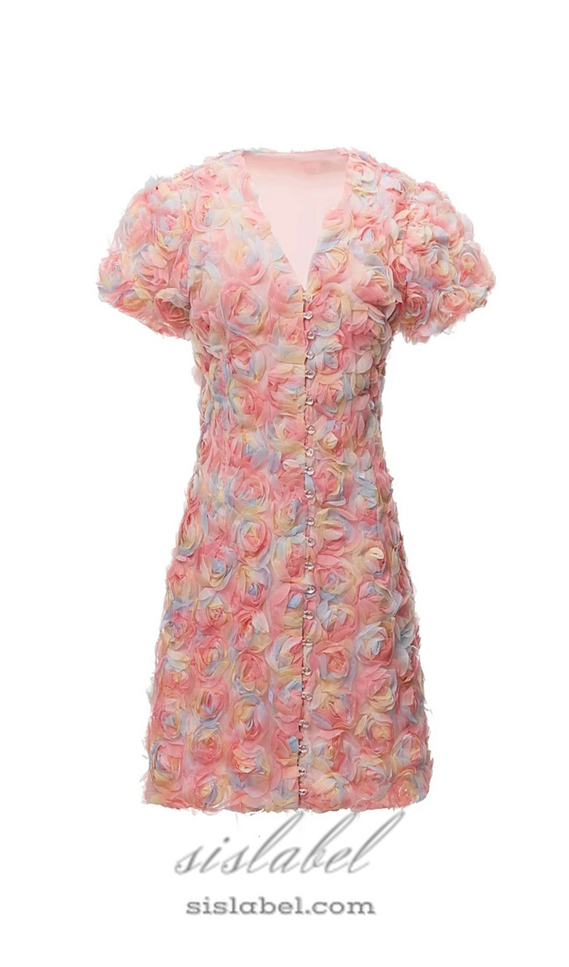 FAWN FLOWER EMBROIDERY BUTTON MINI DRESS IN PINK