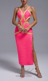 PEACH CUTOUT MAXI BANDAGE DRESS