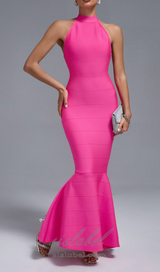 HALTER MAXI BANDAGE FISHTAIL DRESS IN PINK