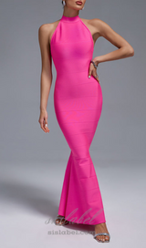 HALTER MAXI BANDAGE FISHTAIL DRESS IN PINK