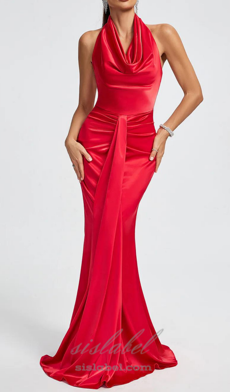 HALTER DRAPED SATIN MERMAID MAXI DRESS IN RED