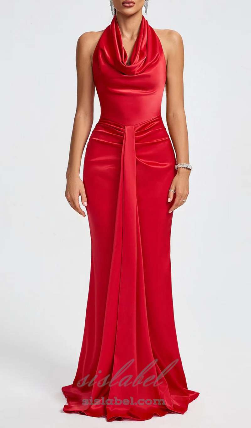 HALTER DRAPED SATIN MERMAID MAXI DRESS IN RED