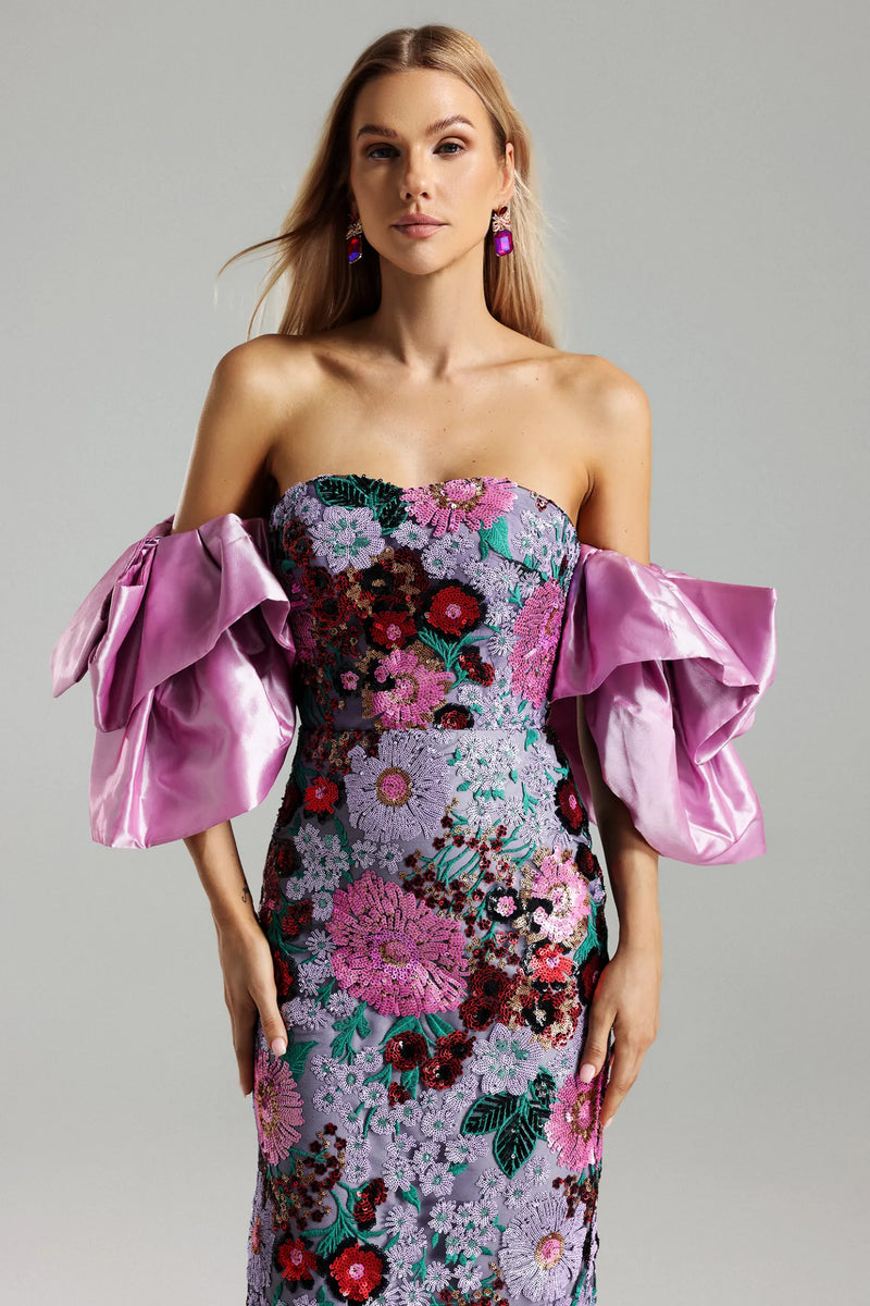 ANGELA MULTICOLOR FLOWER SEQUINS RUFFLED SHOULDER MIDI DRESS