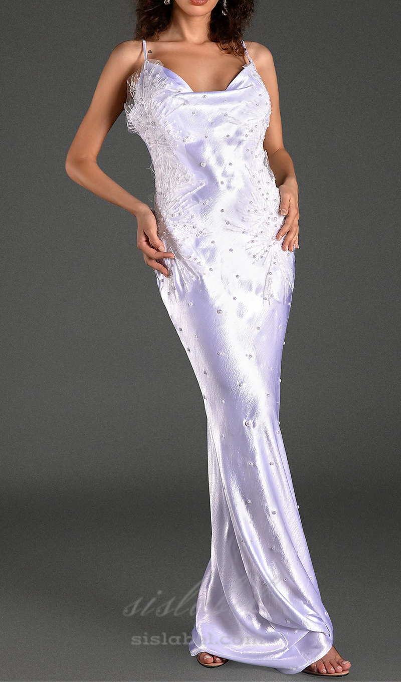 WHITE ALANIDES BEAD APPLIQUE SATIN DRESS