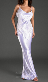 WHITE ALANIDES BEAD APPLIQUE SATIN DRESS