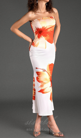 SARRIDES STRAPLESS PRINT MIDI DRESS