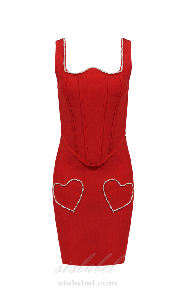CRYSTAL HEART CORSET TWO PIECE DRESS IN RED