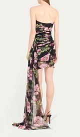 FLORAL PRINTED STRAPLESS DRAPED MINI DRESS