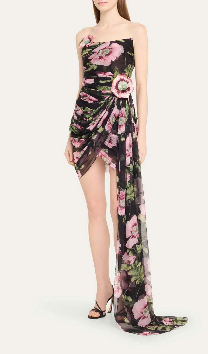 FLORAL PRINTED STRAPLESS DRAPED MINI DRESS