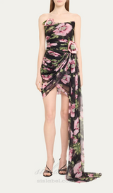 FLORAL PRINTED STRAPLESS DRAPED MINI DRESS