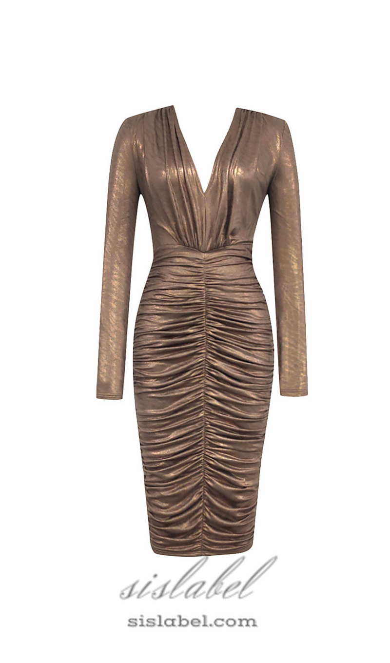 PLEATED HIP WRAP MIDI DRESS IN BROWN