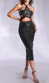 AGNI TIE RHINESTONE BANDAGE DRESS IN BLACK