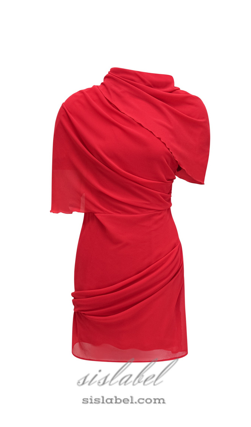 CLARABELLE RUCHED DRAPED MINI DRESS IN RED