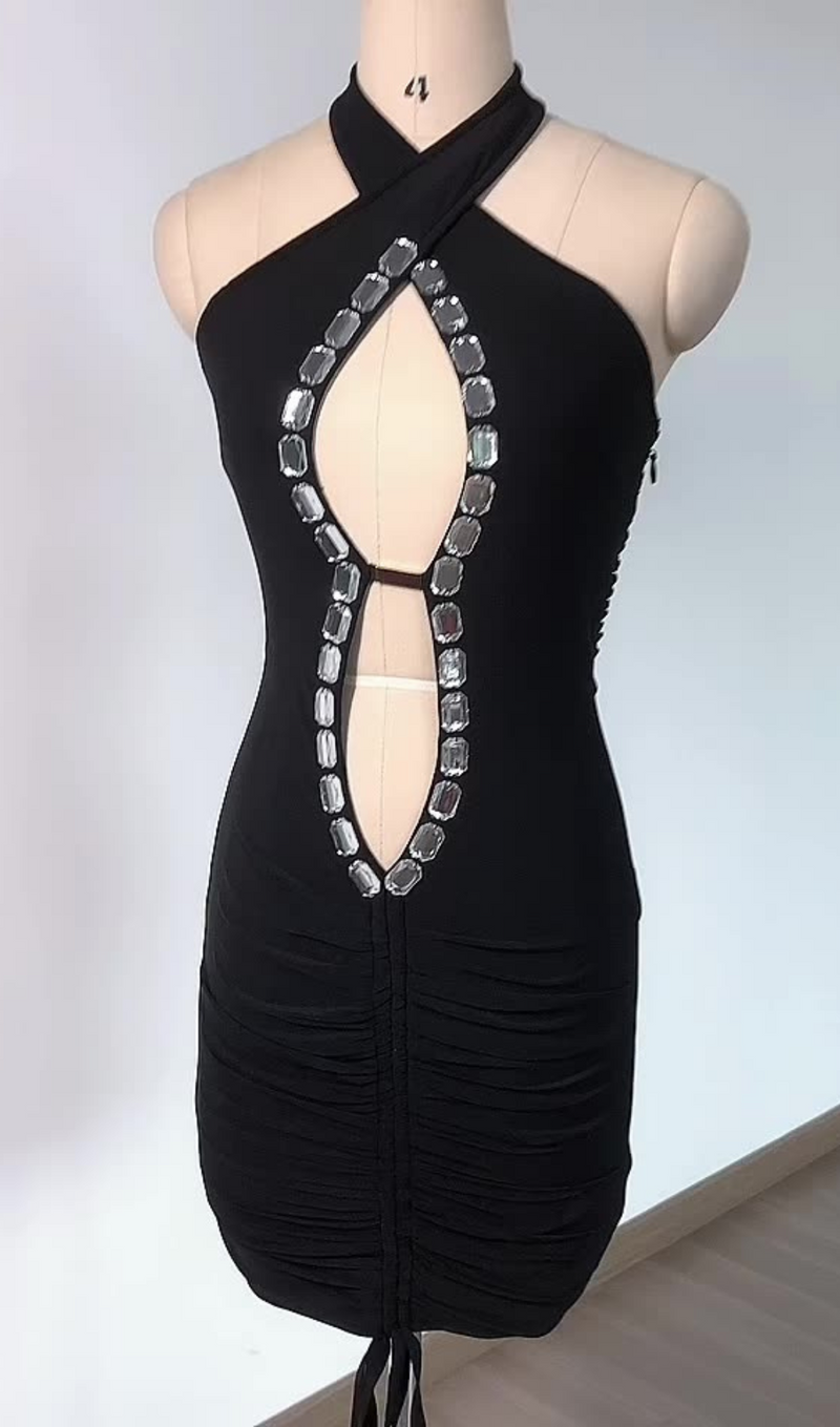 CUTOUT CRYSTAL EMBELLISHED HALTER MINI DRESS IN BLACK