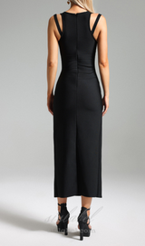 HOLLOW DOUBLE SLIT RIBBON MIDI DRESS IN BLACK