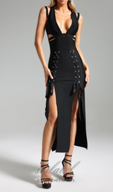 HOLLOW DOUBLE SLIT RIBBON MIDI DRESS IN BLACK