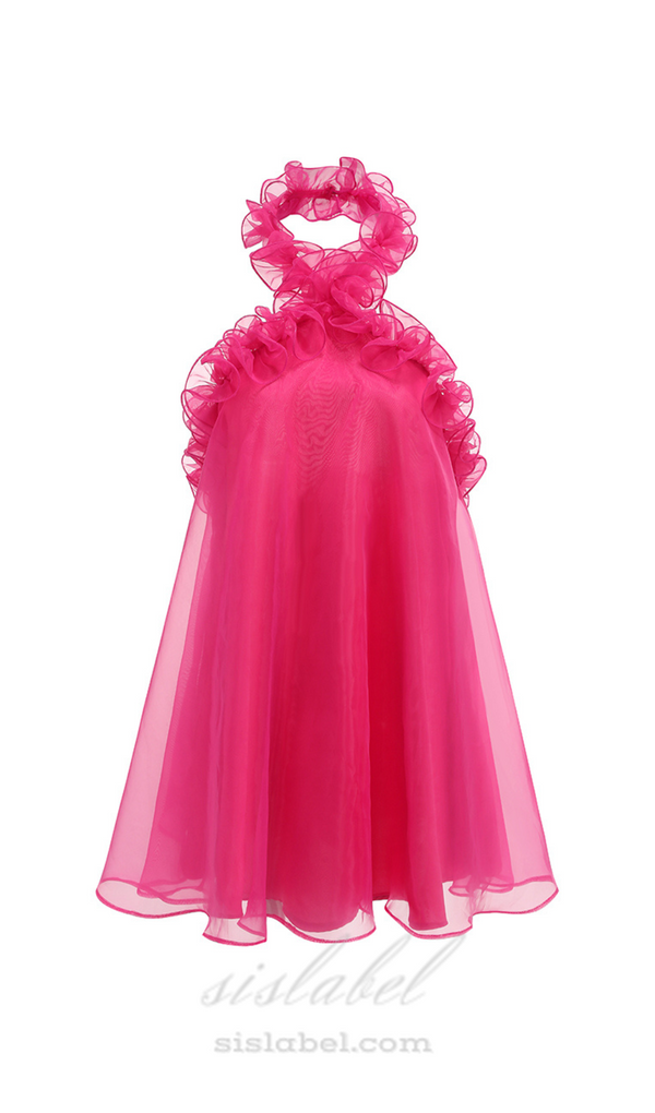 HOT PINK ORGANZA RUFFLED HALTER MINI DRESS