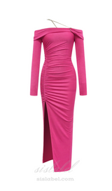 OFF SHOULDER RUCHED SPLIT THIGH DRESS IN PINK