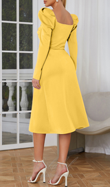 TWIST FRONT GIGOT SLEEVE MIDI DRESS IN YELLOW