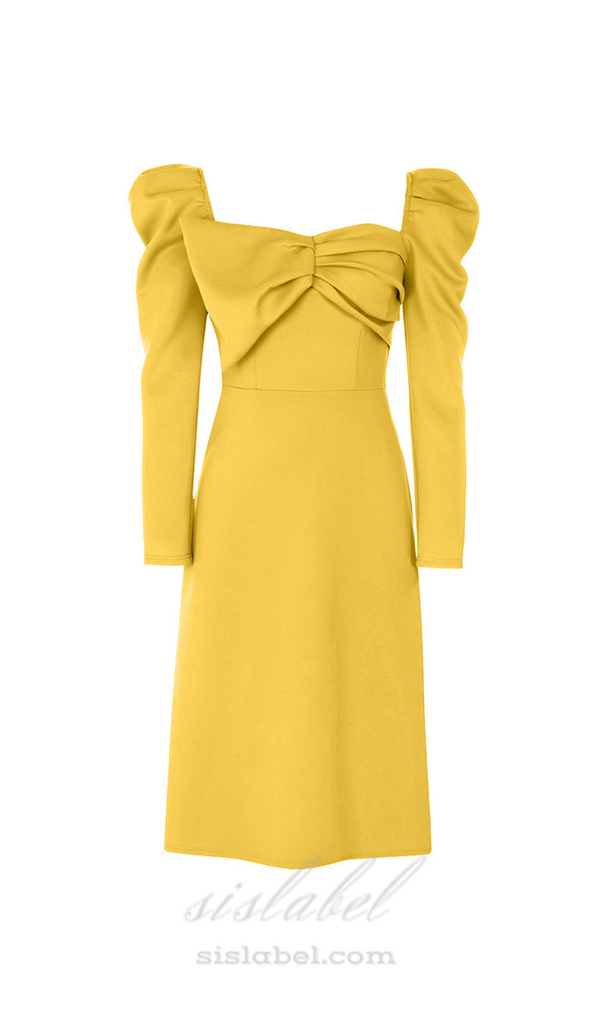 TWIST FRONT GIGOT SLEEVE MIDI DRESS IN YELLOW