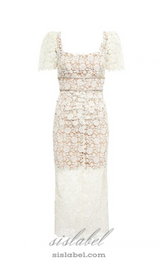 EMBELLISHED GUIPURE LACE MIDI DRESS IN WHITE