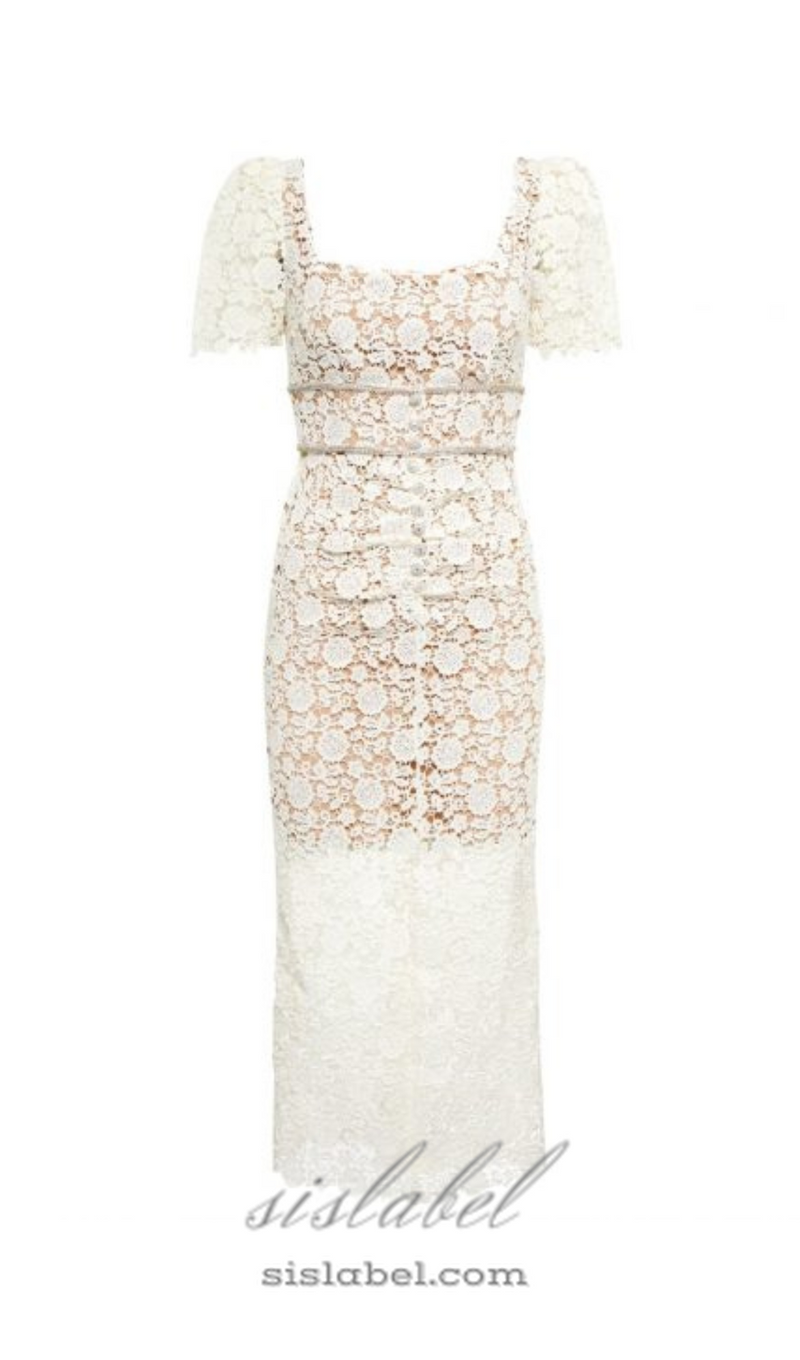 EMBELLISHED GUIPURE LACE MIDI DRESS IN WHITE